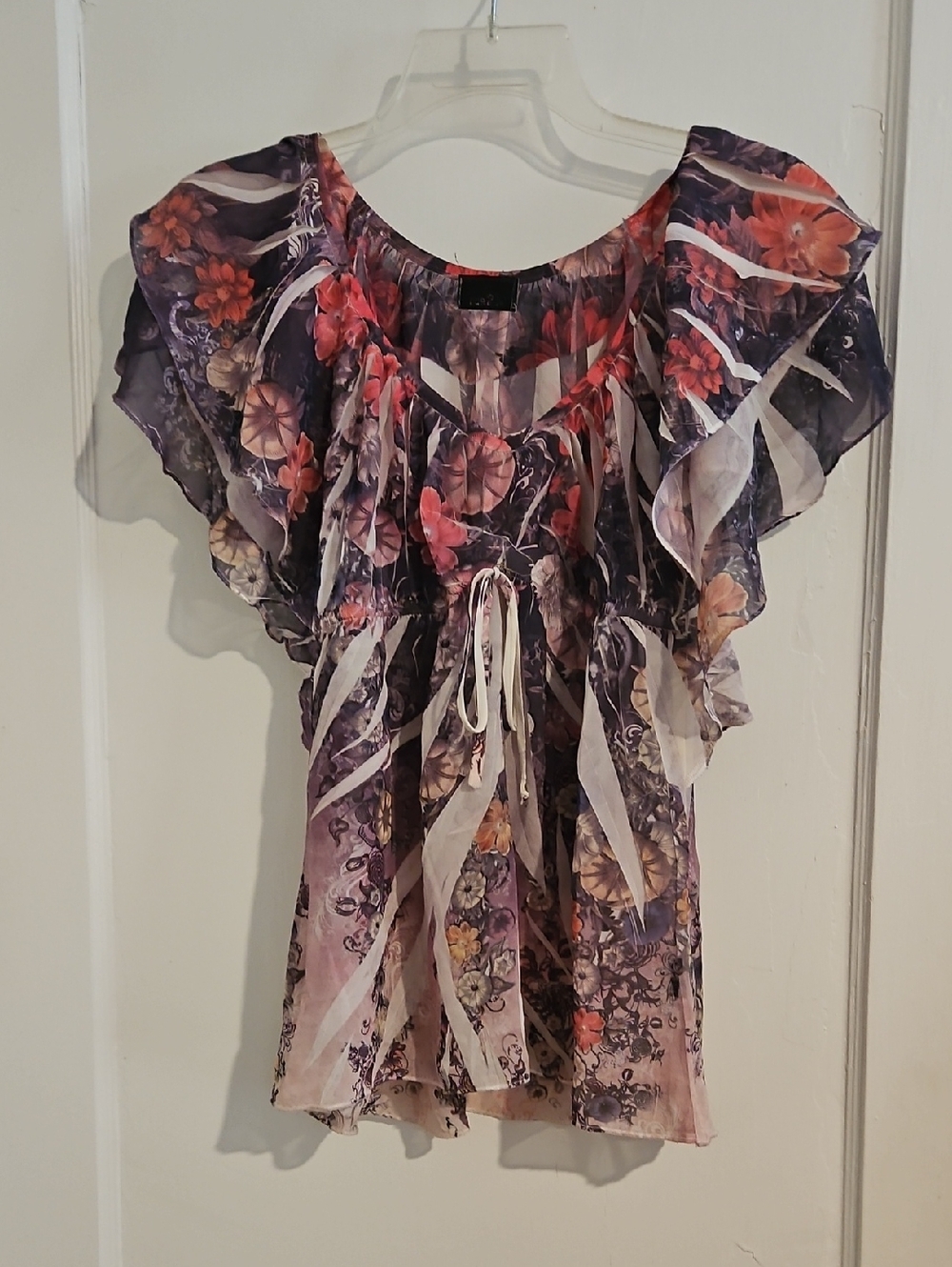 Rue21 Purple And Pink Floral Tie-Front Flutter Blouse Size Medium
